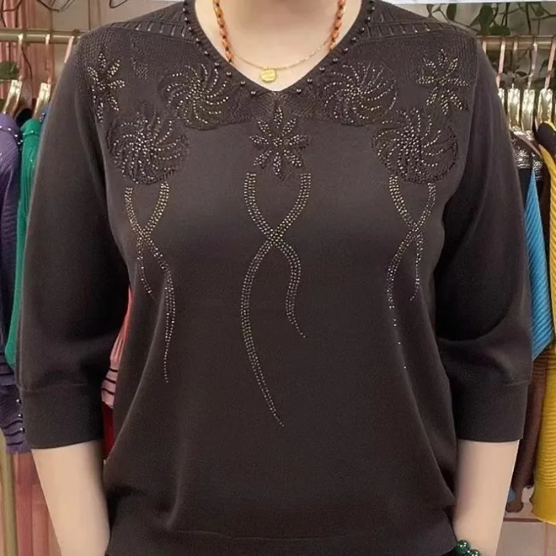 Fashion Ice Silk Sweater Three-quarter Sleeve Pullover Top For Women - Brown