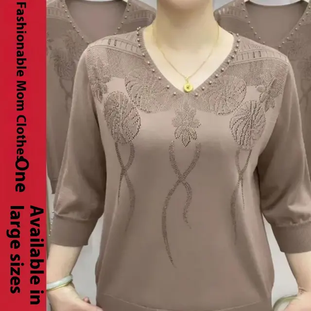 Fashion Ice Silk Sweater Three quarter Sleeve Pullover Top For Women Khaki - Shop at LoveMi