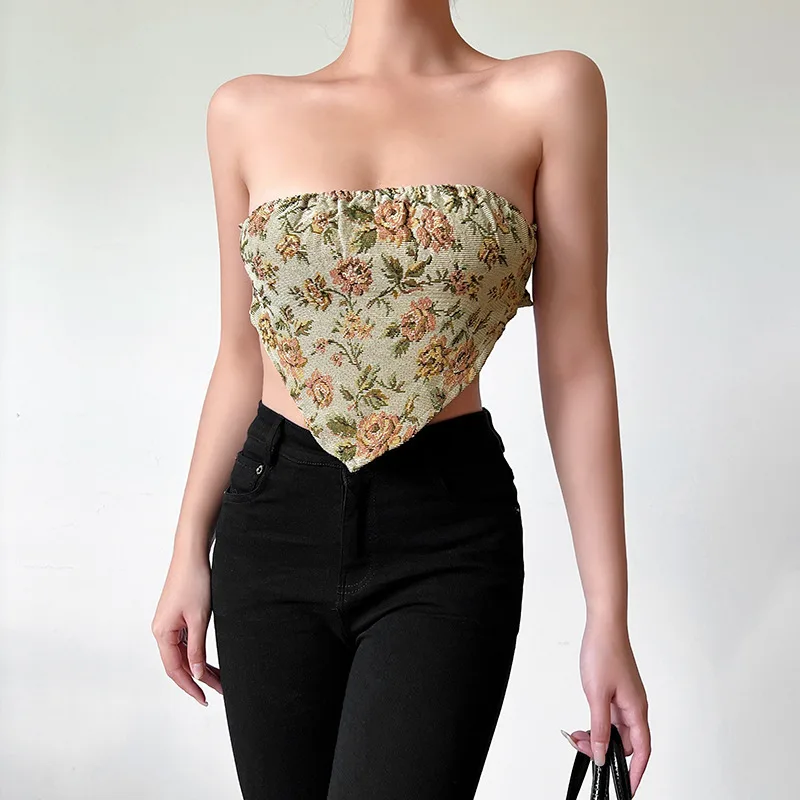 Fashionable Temperament Jacquard Stitching Off-shoulder Backless Short Tube Top - Apricot