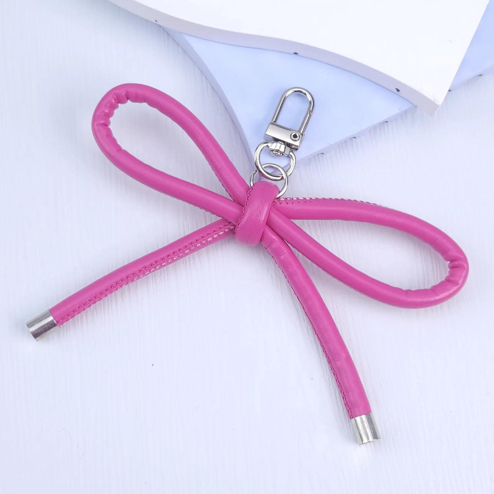 Ins Color Dopamine PU Leather Rope Pendant Luggage Keychain Ornaments - Rose Red