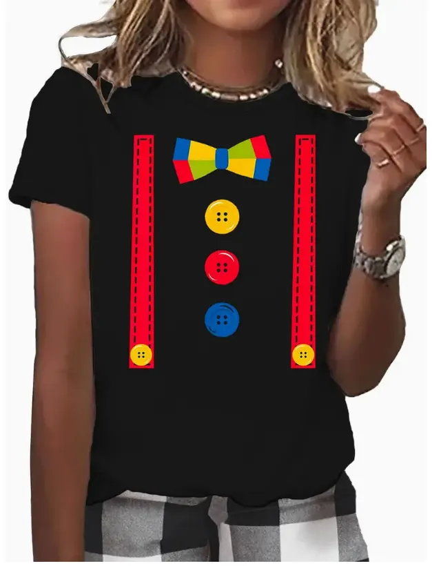 3D Digital Printed Casual Round Neck Short Sleeved Shirt - Black