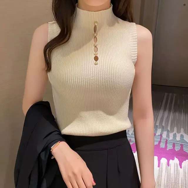 High necked Decorative Button Sleeveless Knitwear Sexy Hot Girl Suit Base Vest Sweater Women Apricot - Shop at LoveMi