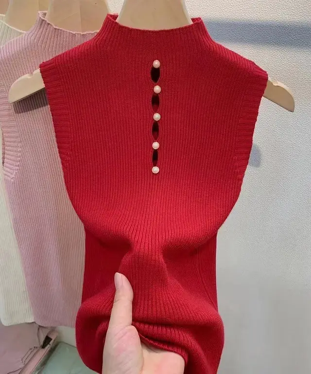 High necked Decorative Button Sleeveless Knitwear Sexy Suit Base Vest Sweater Women Red - Shop at LoveMi