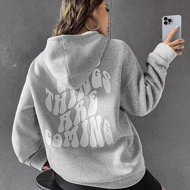 Brushed Hoody Plain Letter Kangaroo Pocket Drawstring Printed Hoodie Light Gray - Shop at LoveMi