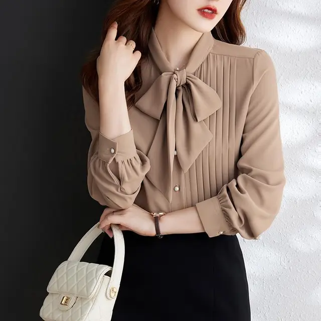 Light Brown Lacing Chiffon Long Sleeve Shirt For Women Khaki - Shop at LoveMi