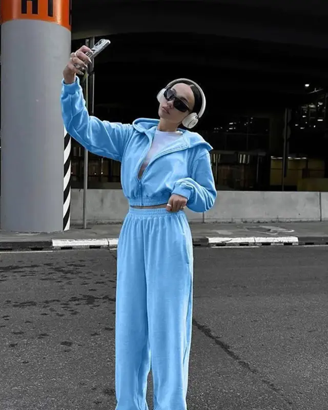 European And American Street Style Long Sleeve Hooded Cardigan Elastic Trousers Two piece Set Blue - Shop at LoveMi