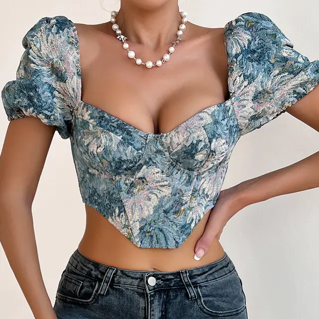 Backless Puff Sleeve Fishbone Sling Niche Court Retro Vest Blue - Shop at LoveMi