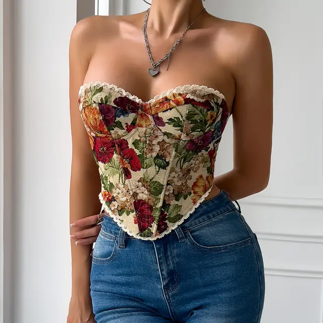 Vintage Flower Print Chest Wrap Flounce Trim Lace Up French Minority Fishbone Vest Multicolor - Shop at LoveMi