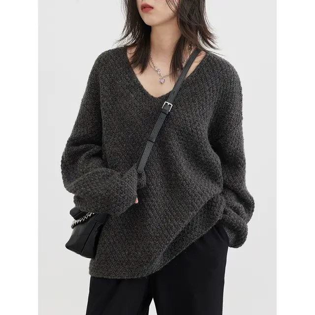 Autumn Loose V neck Wool Sweater Dark Gray Melange - Shop at LoveMi