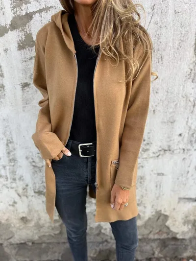 Autumn And Winter Solid Color Casual Zipper Hooded Jacket Coat Camel - Shop at LoveMi