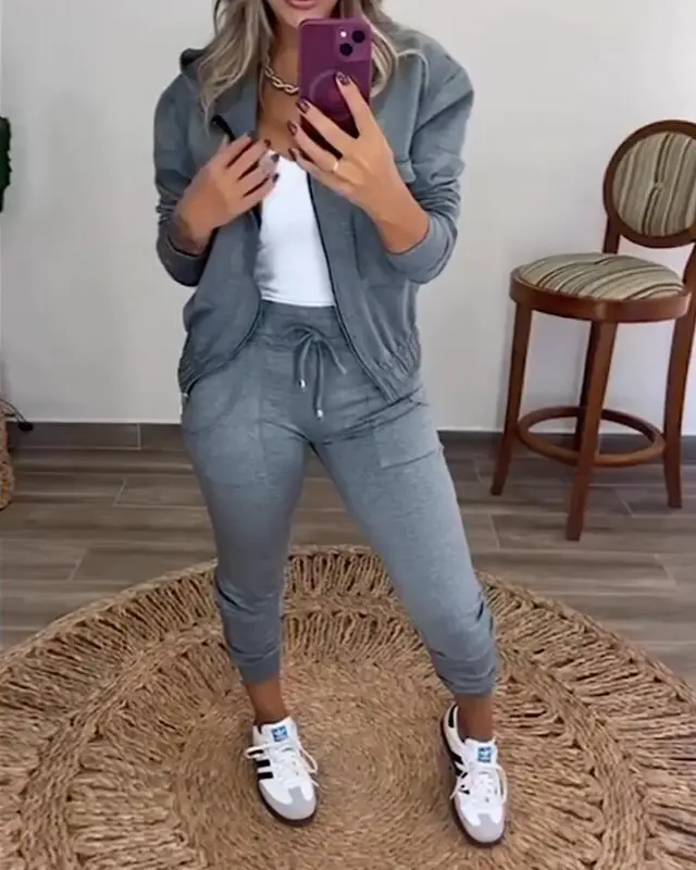 Women's New Solid Color Zipper Coat Elastic Waist Casual Pants Suit Gray - Shop at LoveMi