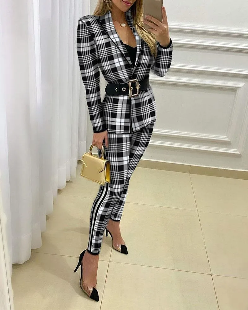 Women's Ribbon Stitching Casual Top Trousers - Black And White Plaid