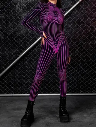 Fluorescent Skeleton Digital Printing Jumpsuit - Purplish Red Thin Lines