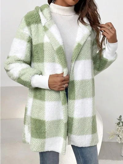 Coat Loose Plaid Color Stitching Knitted Cardigan Sweater Light Green - Shop at LoveMi