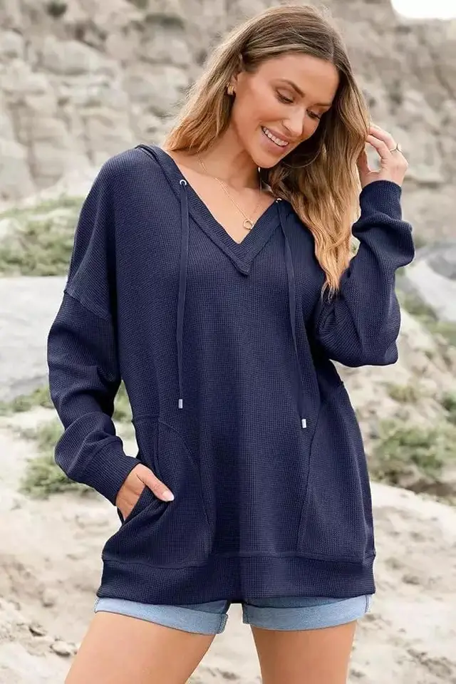 Women's V neck Waffle Solid Color Long sleeved Hoodie Dark Blue - Shop at LoveMi