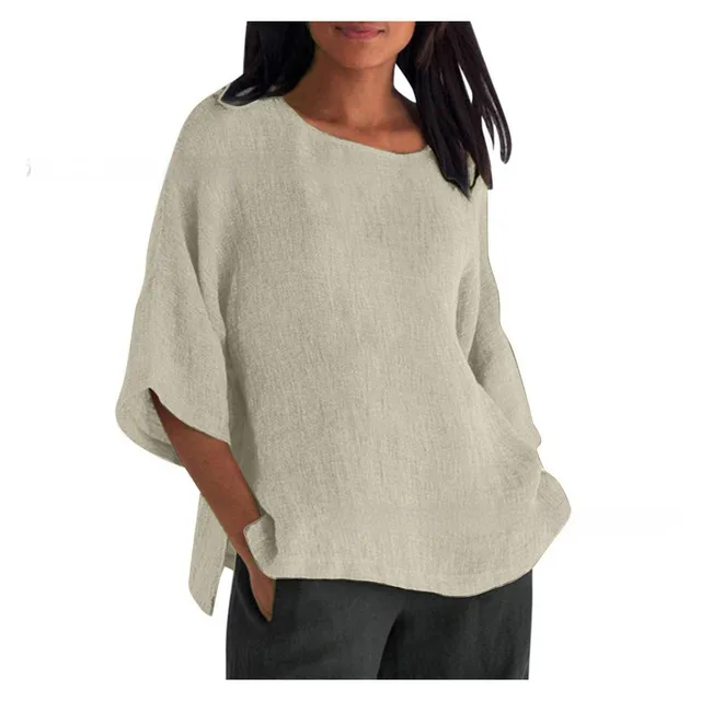 Women's Three quarter Sleeve Round Neck Cotton And Linen Shirt Top Beige - Shop at LoveMi