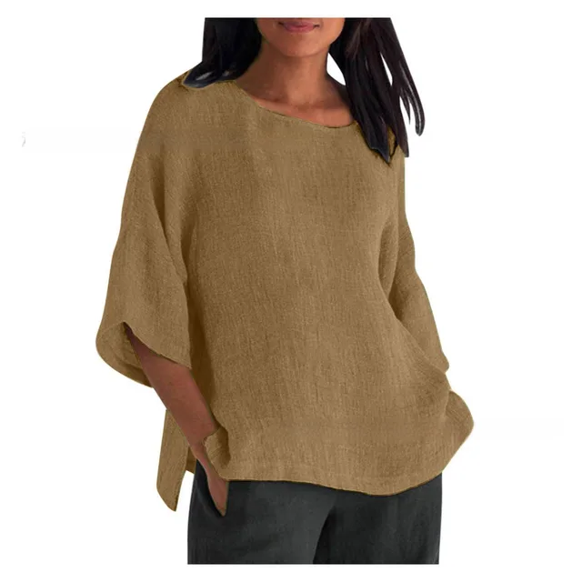 Women's Three quarter Sleeve Round Neck Cotton And Linen Shirt Top Camel - Shop at LoveMi