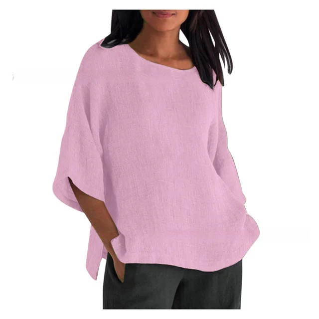 Women's Three quarter Sleeve Round Neck Cotton And Linen Shirt Top Pink - Shop at LoveMi
