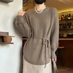 Mid-length Lace-up Loose Round Neck Solid Color Sweater - Khaki
