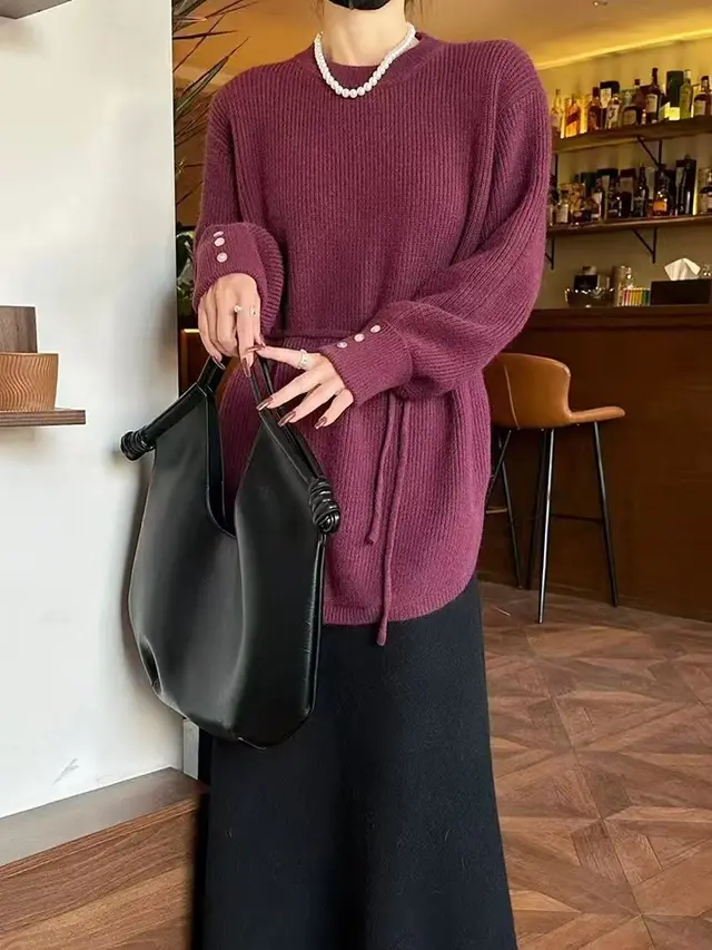 Mid length Lace up Loose Round Neck Solid Color Sweater Purple - Shop at LoveMi