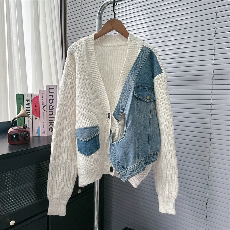 Design Sense Niche Stitching Denim Sweater Coat Fake Two piece Knitted Cardigan Beige - Shop at LoveMi