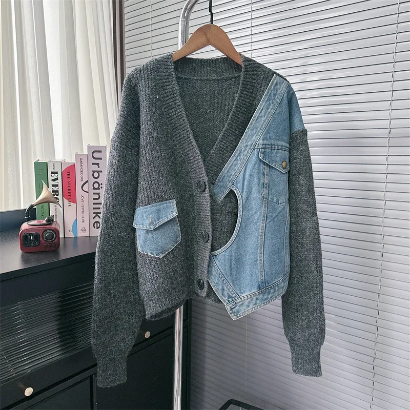 Design Sense Niche Stitching Denim Sweater Coat Fake Two piece Knitted Cardigan Gray - Shop at LoveMi