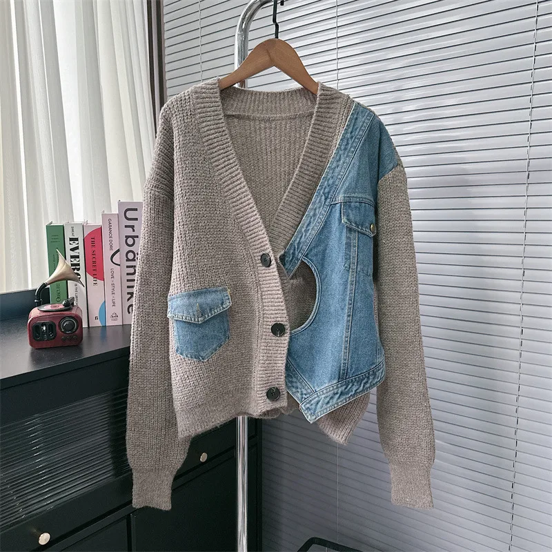 Design Sense Niche Stitching Denim Sweater Coat Fake Two piece Knitted Cardigan Khaki - Shop at LoveMi