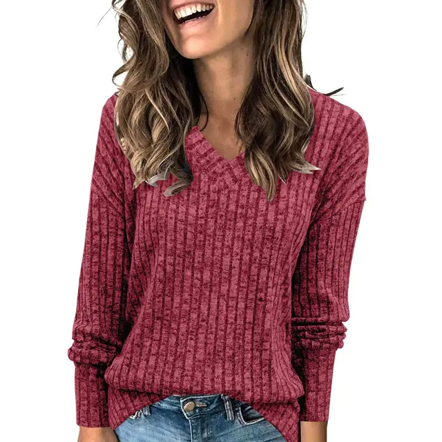 Top V neck Long Sleeve Sunken Stripe Brushed T shirt Rouge Color - Shop at LoveMi