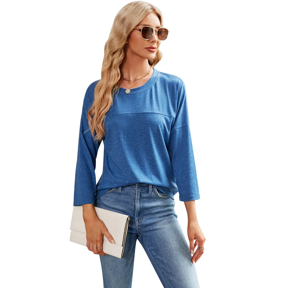 Solid Color Women's Casual Round Neck Loose T shirt Blue - Shop at LoveMi