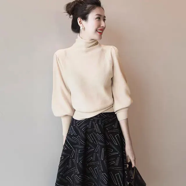 Women's Turtleneck Puff Sleeve Classic Slimming Knitted Top Apricot - Shop at LoveMi