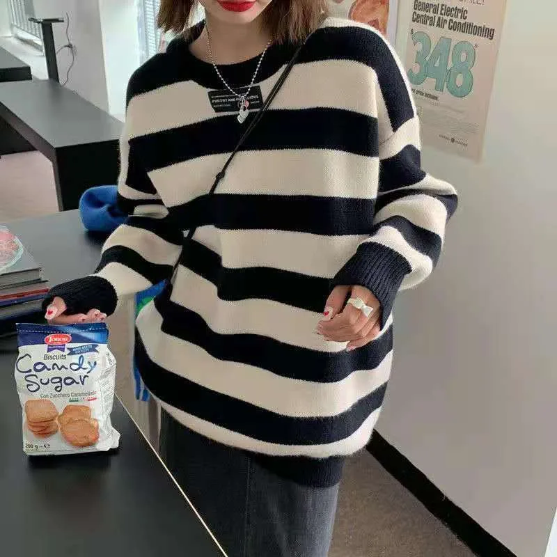 Sweet Lazy And Loose Striped Round Neck Sweater Black - Shop at LoveMi