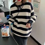 Sweet Lazy And Loose Striped Round Neck Sweater - Black
