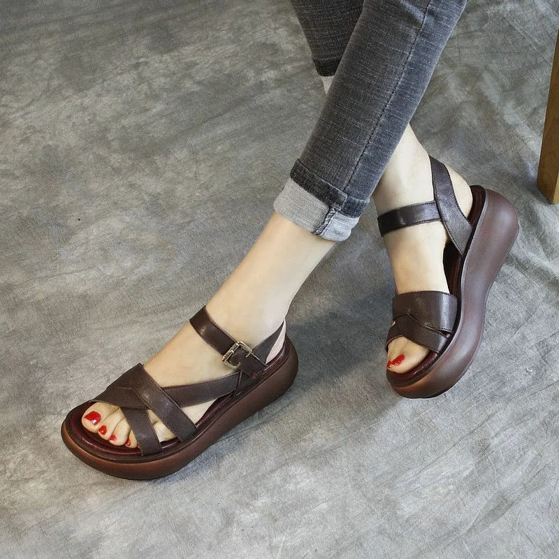 Women's Fashion Soft Leather Platform Sandals Brown - Shop at LoveMi