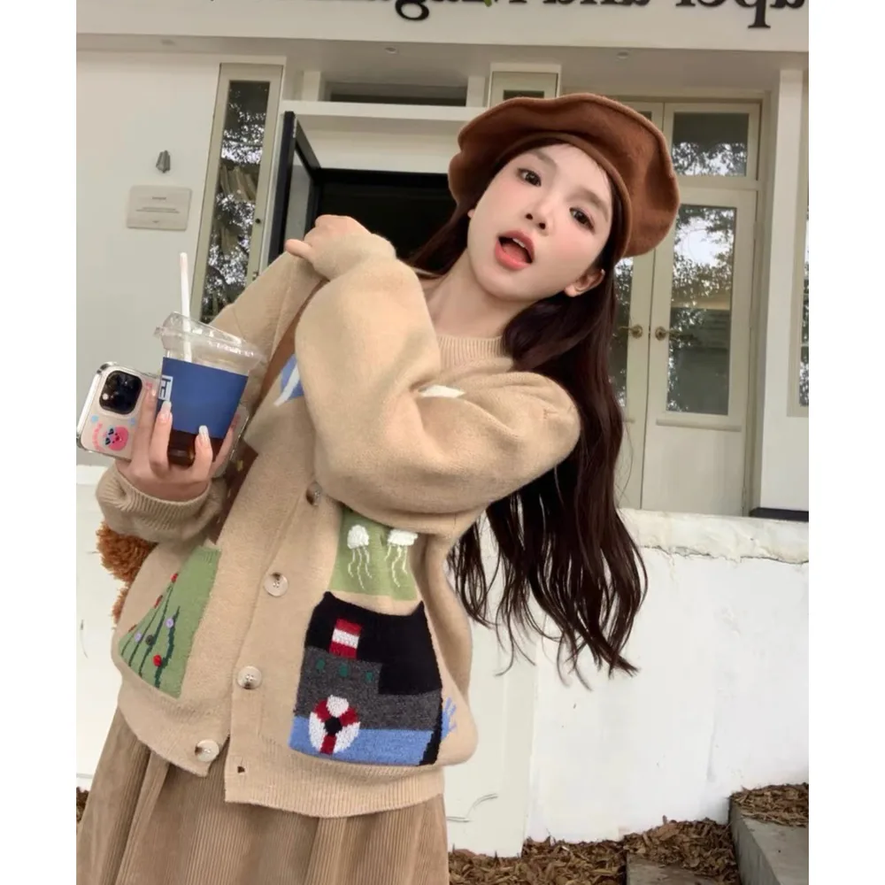 Japanese Style Knitted Cartoon Jacquard Pocket Knitted Sweater Cardigan Cute Loose Khaki - Shop at LoveMi