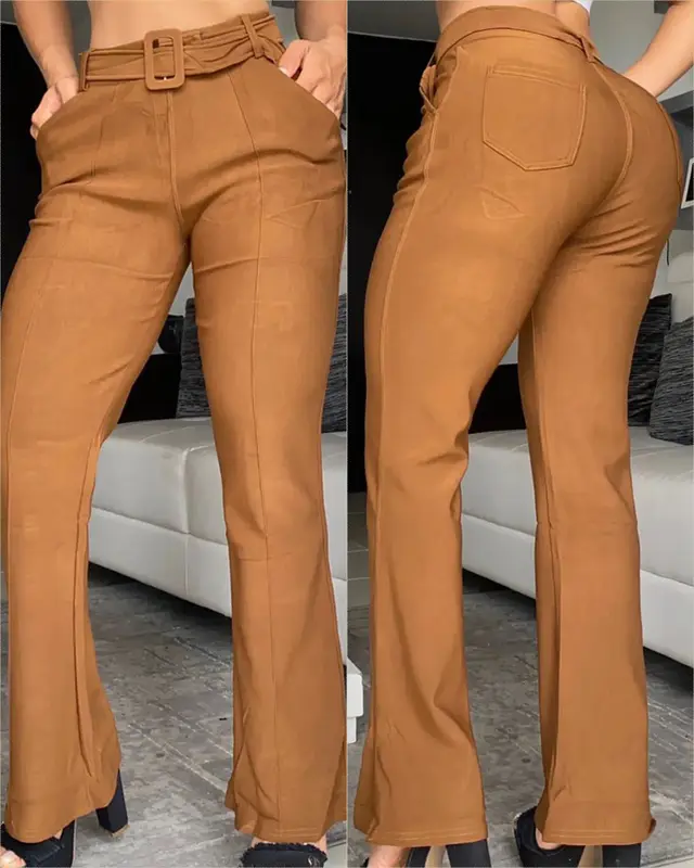 Women's Solid Color In Stock Slim fit Trousers With Size Belt Brown - Shop at LoveMi