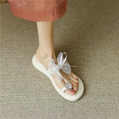 Muffin Platform Rhinestone Toe Covering Fashion Outdoor Slippers White - Shop at LoveMi