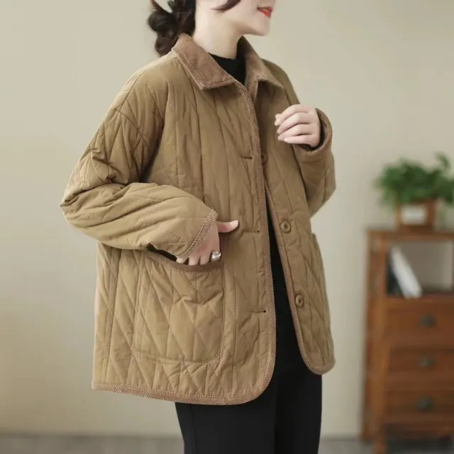 Vintage Collar Cotton padded Clothes Stitching Rhombic Lapel Cotton padded Loose Jacket Khaki - Shop at LoveMi