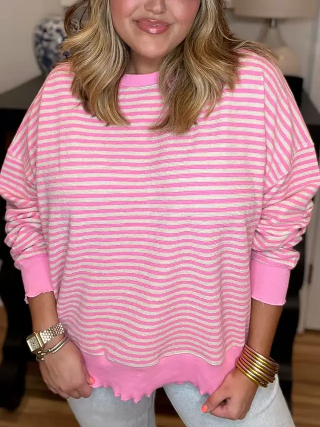 Women's Loose Striped Sweatshirt Long Sleeve Pink - Shop at LoveMi