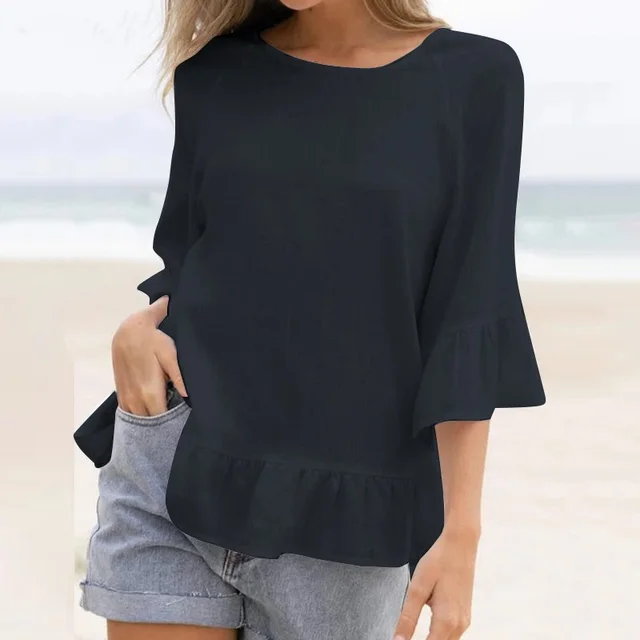 Women's Ruffled Cotton And Linen Style Solid Color T shirt Casual Beach Blouse Dark Blue - Shop at LoveMi