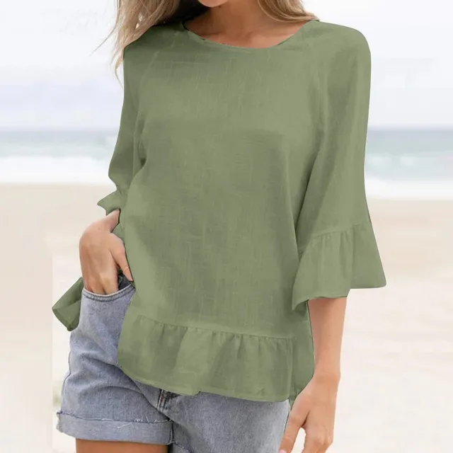 Women's Ruffled Cotton And Linen Style Solid Color T shirt Casual Beach Blouse Green - Shop at LoveMi