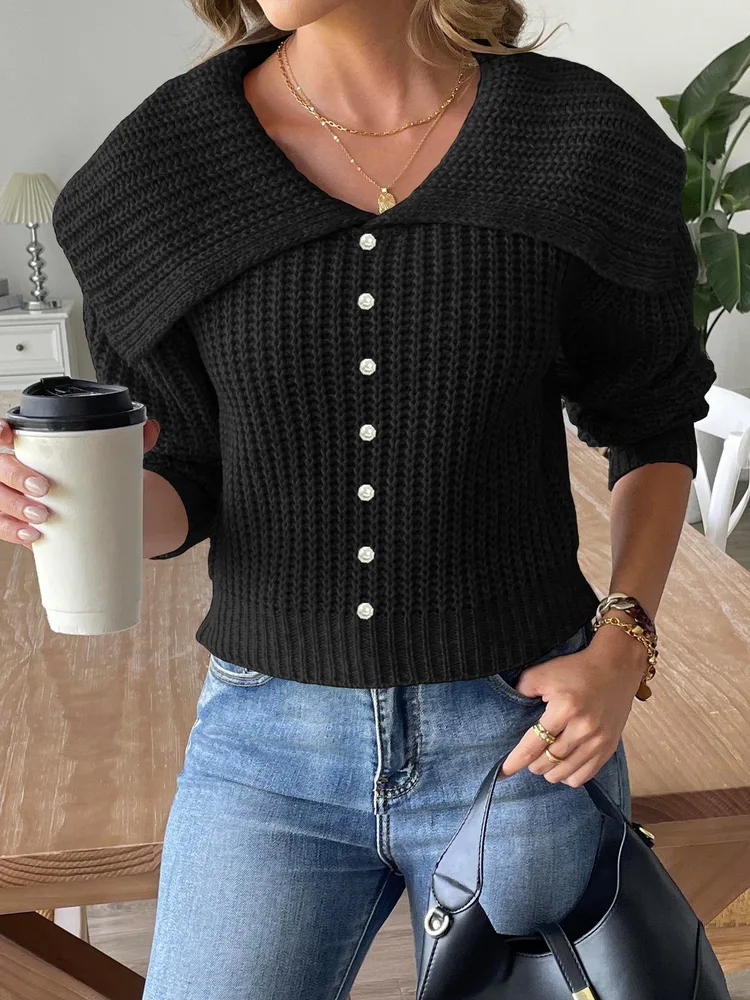 Women's Short Top Beaded Lapel Sweater Black - Shop at LoveMi