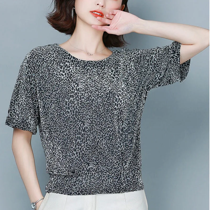 Plus Size Loose-fitting Belly-covering Bright Silk Bottoming Leopard Print Shirt - Silver - View 1