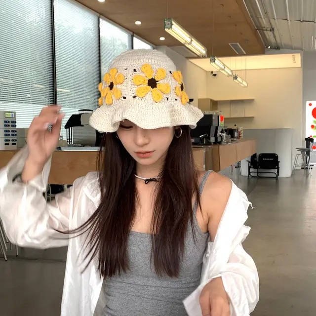 Handmade Woven Head wrapping Hat Hollow Retro Artistic Hand Crocheting Yellow - Shop at LoveMi