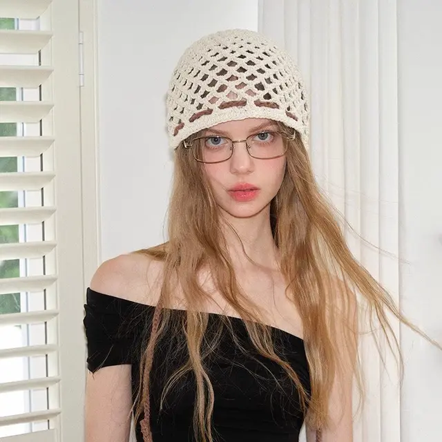 Women's Hand Crocheting Woven Cotton padded Cap Beige - Shop at LoveMi