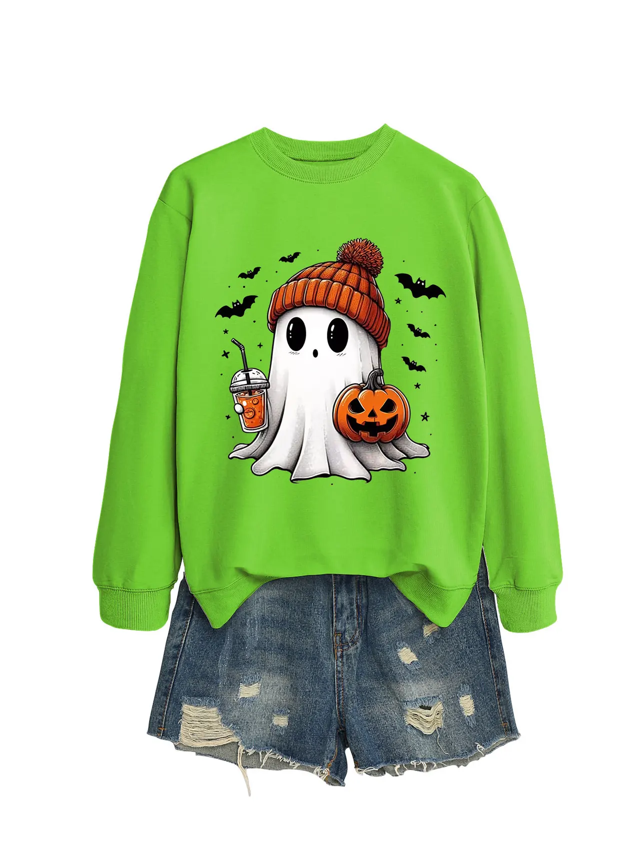 Fashion Long Sleeve Milk Tea Pumpkin Bat Printed Crew Neck Sweatshirt - Fluorescent Green - View 1