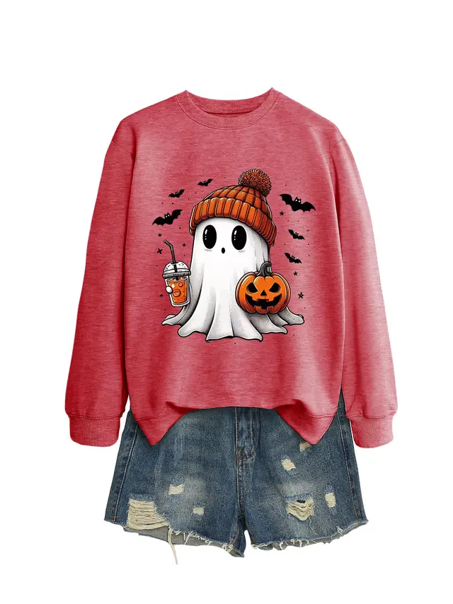 Fashion Long Sleeve Milk Tea Pumpkin Bat Printed Crew Neck Sweatshirt Red - Shop at LoveMi