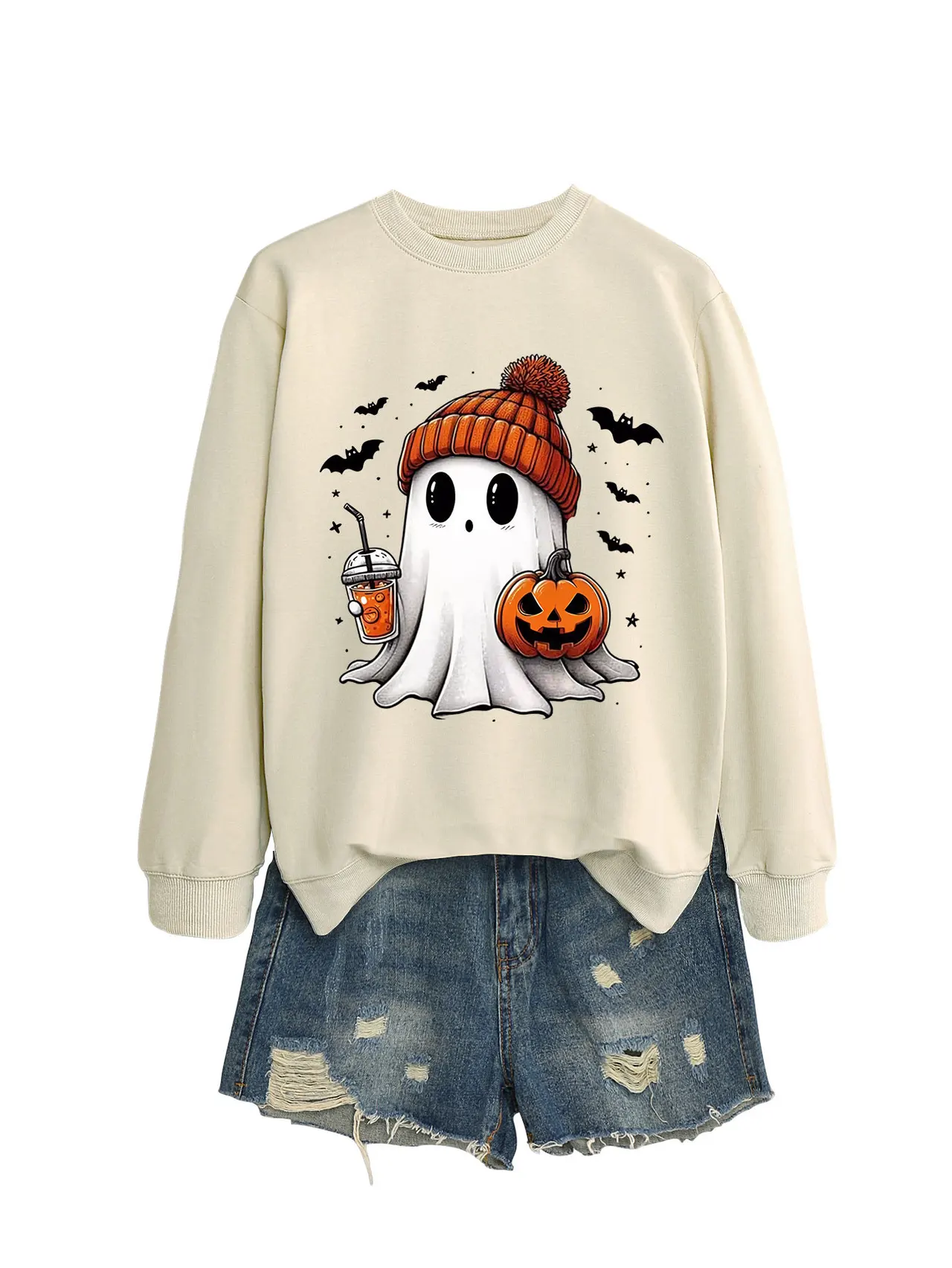 Fashion Long Sleeve Milk Tea Pumpkin Bat Printed Crew Neck Sweatshirt - Sand Color