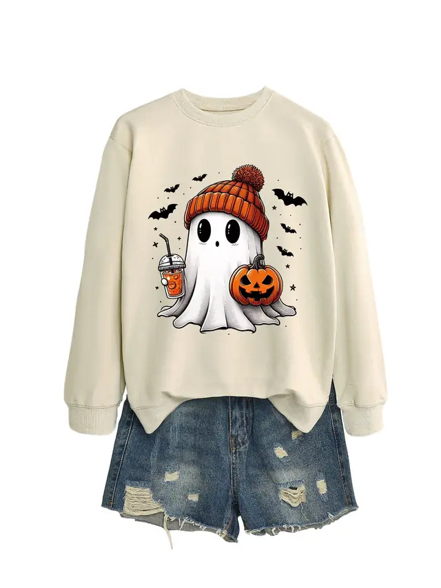 Fashion Long Sleeve Milk Tea Pumpkin Bat Printed Crew Neck Sweatshirt Sand Color - Shop at LoveMi