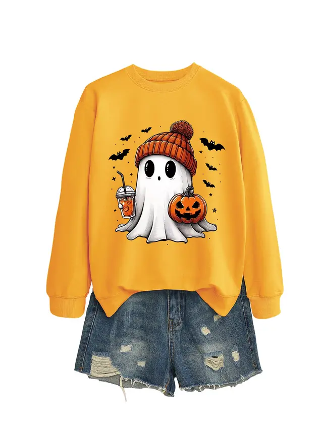 Fashion Long Sleeve Milk Tea Pumpkin Bat Printed Crew Neck Sweatshirt Yellow - Shop at LoveMi