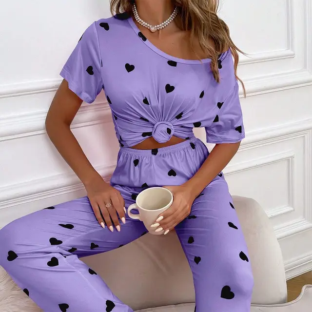 Printed Round Neck Short sleeved Trousers Two piece Suit Comfortable Home 8 Violet - Shop at LoveMi
